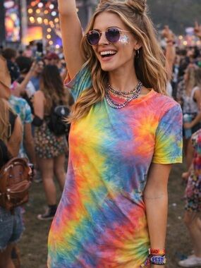 SHEIN Rainbow Tie Dye Mini Dress Festival Vibes Short Sleeve